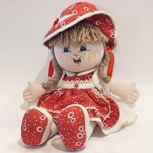 Large VTG Rag Art Doll Plush Stuffed Brown Braided Yarn Hair 18" Hand Painted